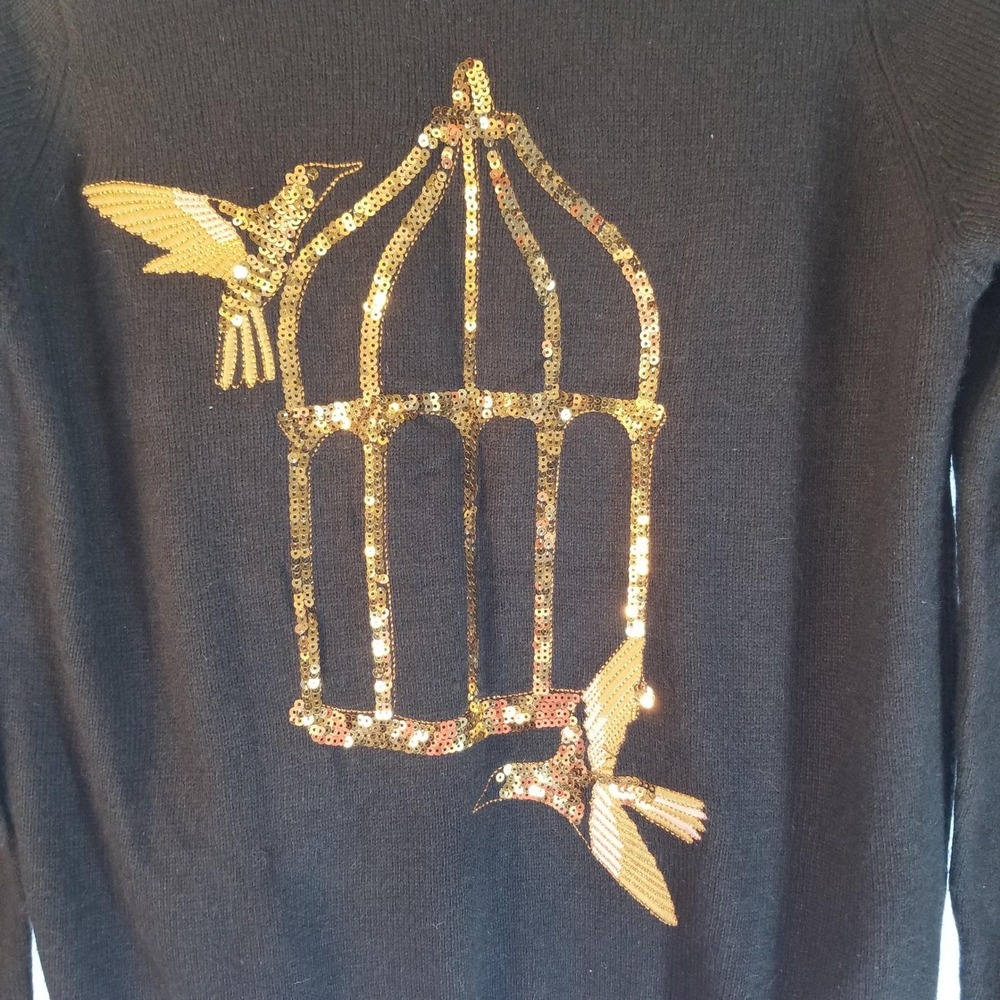 H&M Black Sequin Bird Cage Sweater Women's XS Sparkle Long Sleeve Knit Bird Nerd - Picture 4 of 12